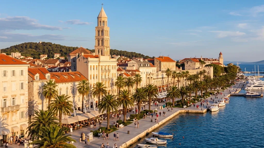 Travellers with bags on the Split waterfront by the ferry port, with a catamaran at the pier and the old town behind