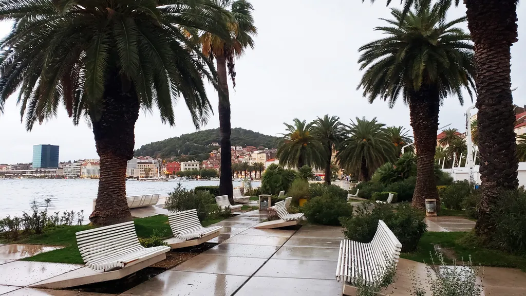 Wet paving and empty white benches under the palm trees on the Riva in Split after rain, with Marjan in the distance
